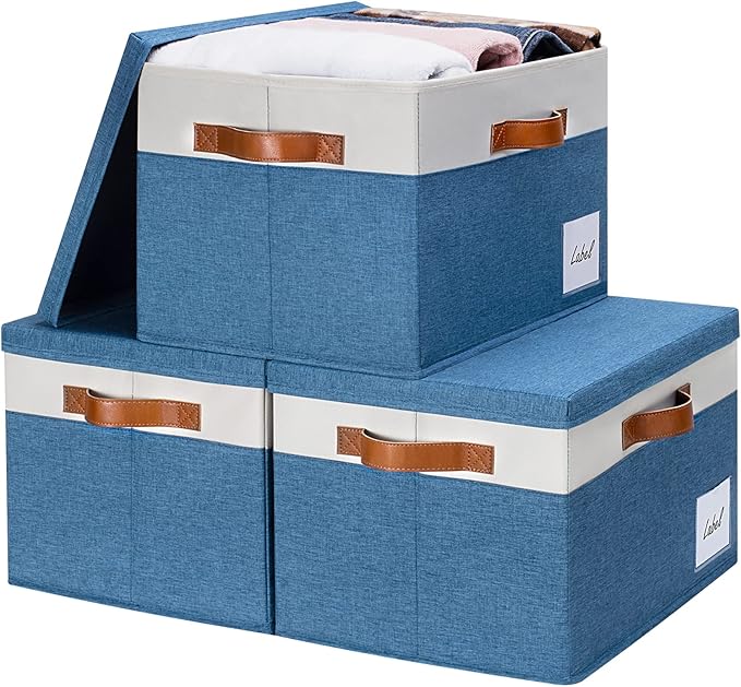 GhvyenntteS Fabric Storage Bins with Lids (3 Pack), Large Closet Storage Baskets with Lid and 3 PU Handles, Foldable Fabric Storage Boxes with Label Window for Home Office (Blue, 15" x 11" x 9.7")