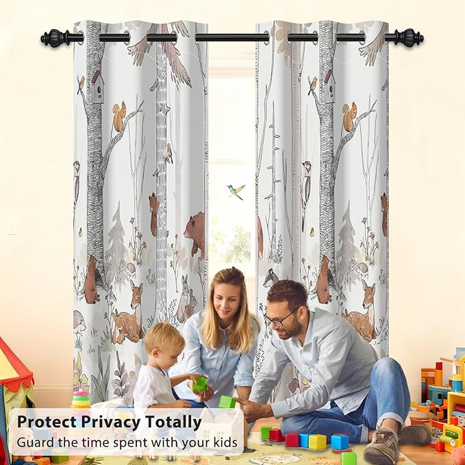 Kids Blackout Curtains for Nursery, Boy's Woodland Animal Print Curtains for Bedroom, Cartoon Room Darkening Window Drapes 2 Panels Set, White, 42W x 84L