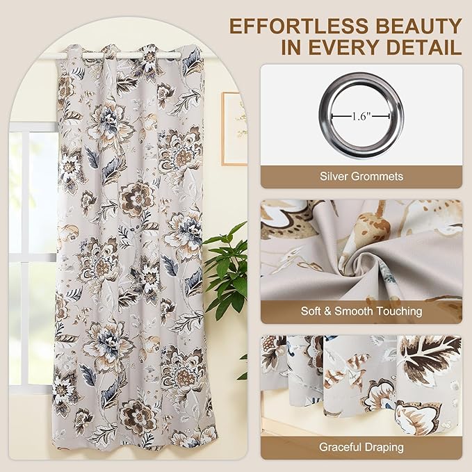 Floral Blackout Curtains for Bedroom and Living Room, Room Darkening Soundproof Thermal Insulated Blackout Curtains for Winter, Grommet Farmhouse Black Out Window Curtains 84 Inch Length 2 Panels Set