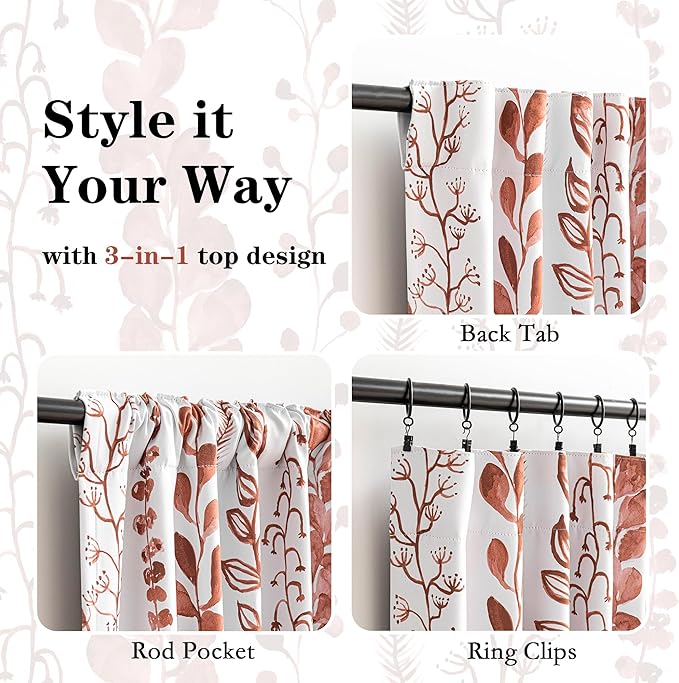 MEETSKY Terracotta Blackout Curtains 95 Inches Long 2 Panels - Burnt Orange Curtains for Living Room Thermal Insulated Rod Pocket Drapes for Bedroom, Leaf Print Window Treatment, 50" Wide