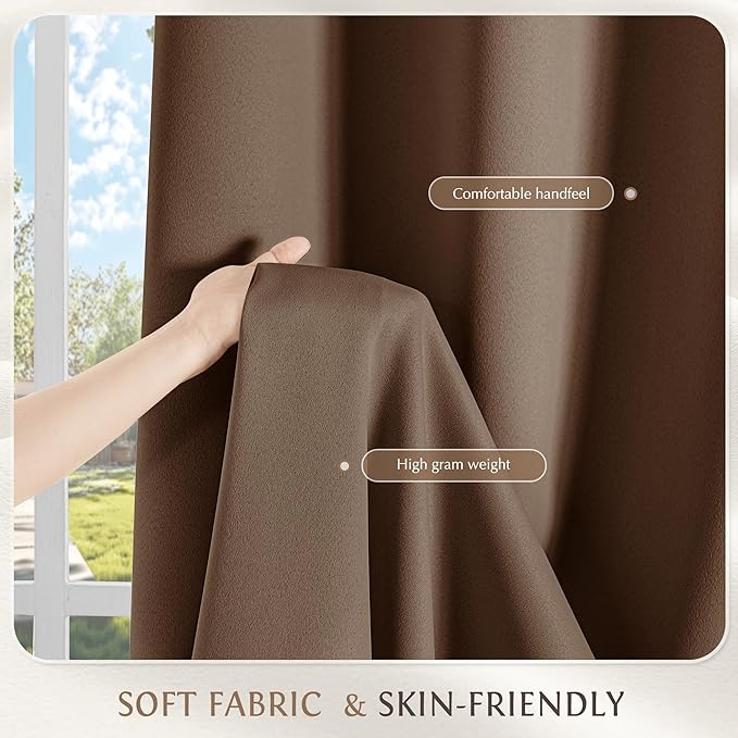 Beauoop 100% Blackout Curtains 96 Inch Long 2 Panels for Bedroom Living Room Coffee Brown Solid Room Darkening Thermal Insulated Soundproof Energy Saving Grommet Top Window Drapes,52x96, 2 Set
