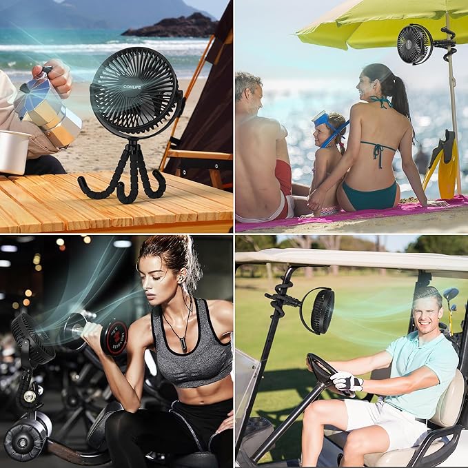 Camping Fan with LED Lantern-10000mAh Rechargeable Battery Operated Fan, 47H Run Time Max,3 Speeds,3 Timer,7 Inch Portable Clip on for Stroller Treadmill Tent RV Outdoor Emergency Outage Hurricane