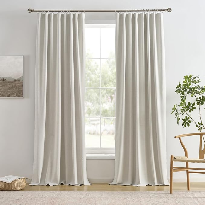 104 Inch Long Black Out Curtains 2 Panels Custom Drapery Neutral Blackout Pleated Ceiling Track Curtain for Dining Room Linen Textured Back Tab with Hooks 50"x104"
