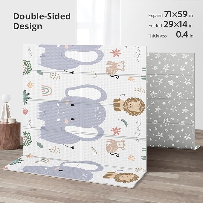 Foldable Foam Baby Play Mat for Floor, Babies Activity Tummy Time Playmat, Kids Non Toxic Foam Thick Play Mat for Baby, Toddlers, Waterproof & Anti-Slip Crawling Mats, Elephant,71x59