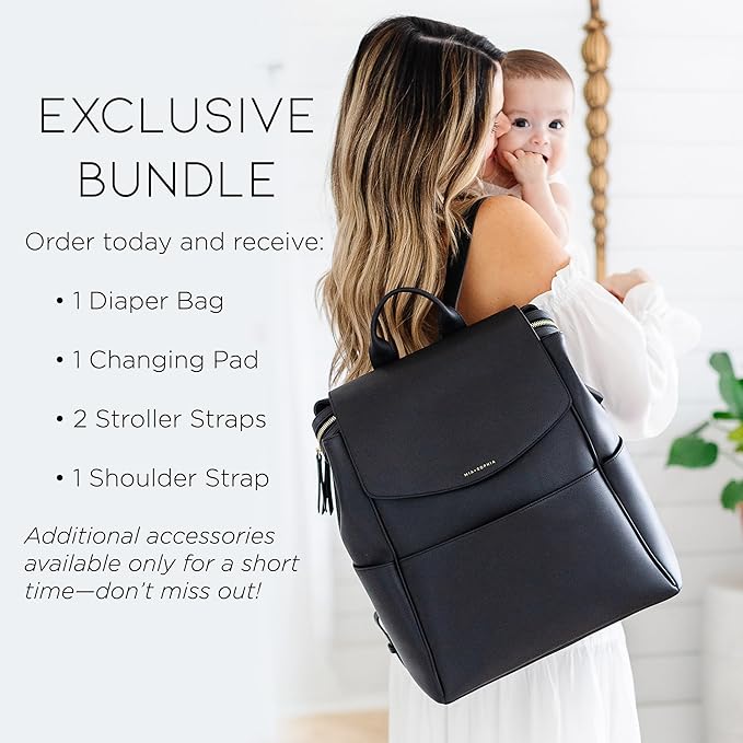 MIA + SOPHIA Leather Diaper Bag Backpack with USB Charging port, Changing Pad, Stroller Straps (Black Olivia)
