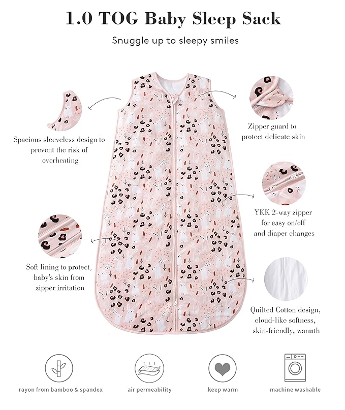 TADO MUSLIN Baby Sleep Sack 2-4 T 95% Rayon from Bamboo 5% Spandex Warm Girls Wearable Blanket 1.0 TOG Toddler Sleeping Sack 2- Way Zipper X-Large Pink Bunny