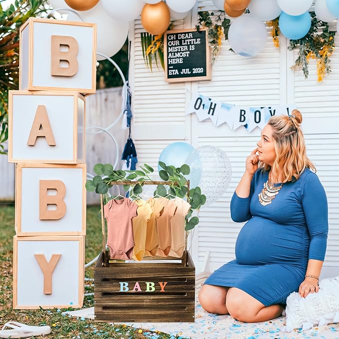 Barydat Wooden Baby Shower Crate Closet, Baby Basket with Handle, Personalized Basket Gifts, Easy Assembly Baskets for Newborn Boy Girl Welcome Gift for New Mom Parents(Dark Walnut)