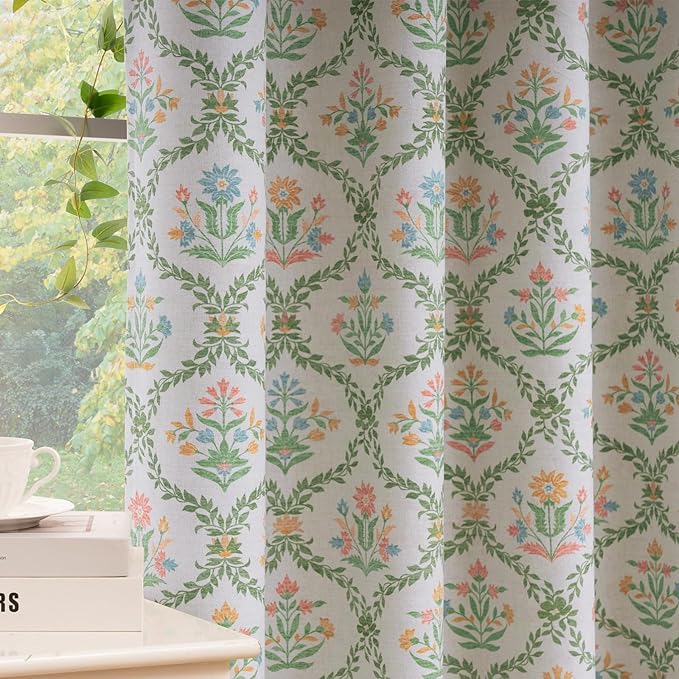 ColorBird Blackout Spring Curtains 96 Inches Long for Nursery Girl Block Print Floral Patterned Farmhouse Vintage Cottage Core Drapes for Bedroom Living Room Sliding Door Window Treatments