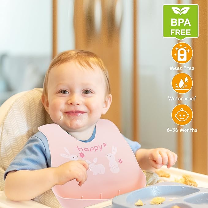 BEBE FAVOUR 2 Pack Silicone Baby Bibs Adjustable Fit Waterproof Bib With Leak Proof Food Pouch Catcher for Eating Boys Girls