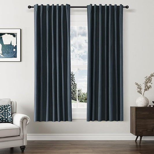 Guken 100% Blackout Linen Curtains 63 Inch Length 2 Panels Set for Living Room Bedroom Back Tab Thermal Insulated Black Out Linen Drapes Room Darkening Window Curtains,Vintage Blue