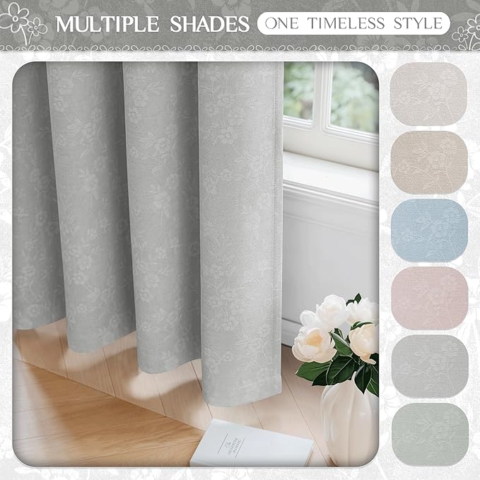 Beauoop Grey Floral Jacquard Blackout Curtains 84 Inches Long 2 Panels for Living Room Bedroom Chenille Flower Room Darkening Thermal Insulated Soundproof Grommet Window Drapes, 52x84 Set of 2
