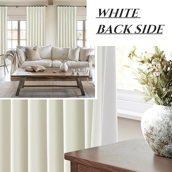 Ivory White Pinch Pleated Complete Blackout Curtains & Drapes 84 Inch Length 2 Panels Set, Flax Linen Room Darkening Soundproof Window Curtains with Hooks Rings for Bedroom Living Room Track System