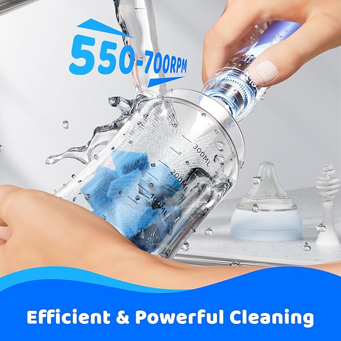 Klarpul Electric Bottle Brush Cleaner, IPX7 Waterproof Baby Bottle Brush with Replaceable Nipple Cleaning Kit & Extender Rod, 2 Speed Modes, 360° Auto Cleaning, 2000mAh Battery, Rechargeable, Blue