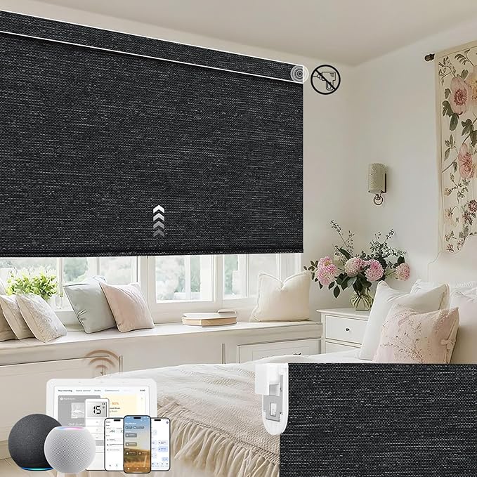 Kincmo No Drill Motorized Blinds with Remote, 100% Blackout Roller Shades for Windows, Custom Electric Blinds Compatible with Alexa, Apple Homekit, Google Home (100% Blackout Starscape Black)