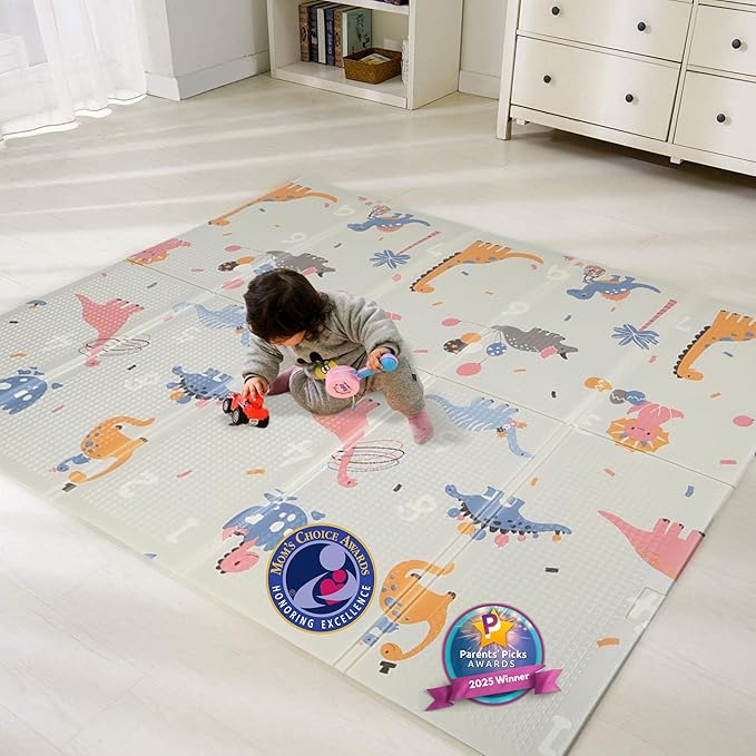 Bammax Extra Large 78" x 70" x 0.4" XPE Foam Baby Play Mat with Travel Bag | Waterproof, Foldable & Reversible Padded Playmat | Baby Crawling & Kids Play Mat – Giftable Design, Dinosaurs & Safari Animals