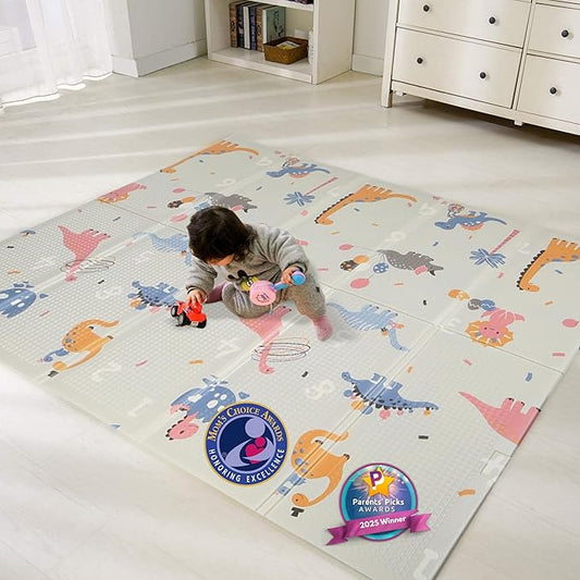 Bammax Extra Large 78" x 70" x 0.4" XPE Foam Baby Play Mat with Travel Bag | Waterproof, Foldable & Reversible Padded Playmat | Baby Crawling & Kids Play Mat – Giftable Design, Dinosaurs & Safari Animals
