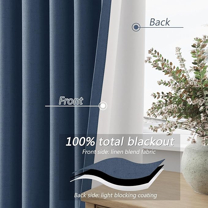 Guken 100% Blackout Curtains 80 Inch Length 2 Panels Set for Living Room Bedroom Back Tab Thermal Insulated Black Out Linen Drapes Room Darkening Window Curtains 80 Inches Long,Denim Blue