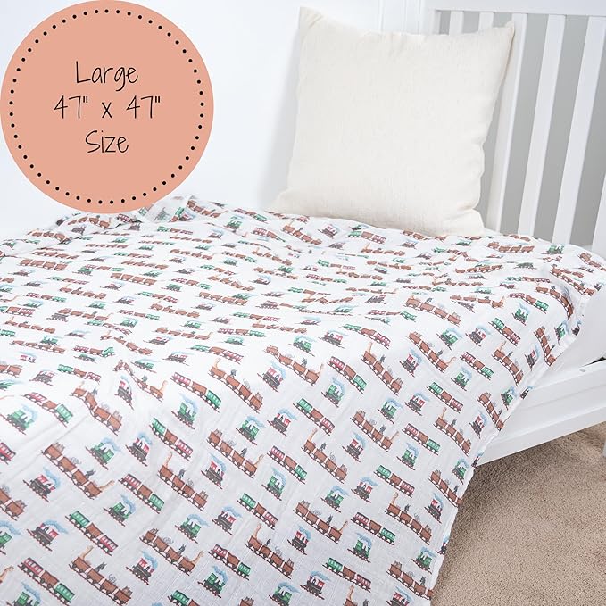 LollyBanks Muslin Swaddle Blankets, 100% Cotton Baby Blanket for Boys and Girls, Soft and Lightweight 47 x 47 Inches Infant Swaddle, Gentle Newborn Blankets, Baby Essentials (Animal Train Print)
