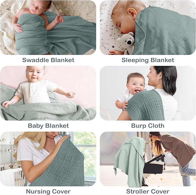 100% Organic Cotton Muslin Baby Blanket - 47 x 47 Inch Breathable Swaddle Blankets for Newborns, Hypoallergenic Double-Layer, Soft and Cozy Baby Blankets for Everyday Use (Green/Mint Green)