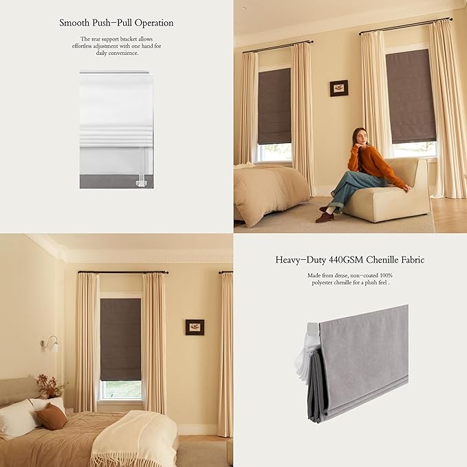 Blackout Roman Shades Cordless for Windows, Pull Down Window Shades Blinds with Heavy 430GSM Chenille & White Backing & Thermal Insulated & Hidden Cords, 27x72 Inches (Charcoal Gray)