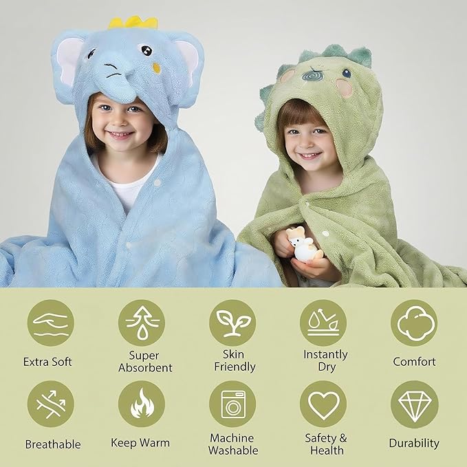 6 PCS Toddler Bath Towel Set for Boy Girl 0-5 Year, 2 PCS Thick Absorbent Hooded Baby Bath Towels Large 55" x 27.5" & 4 PCS Washcloths, Ultra Soft Gift for Infant, Toddler, Kids, Dinosaur & Elephant