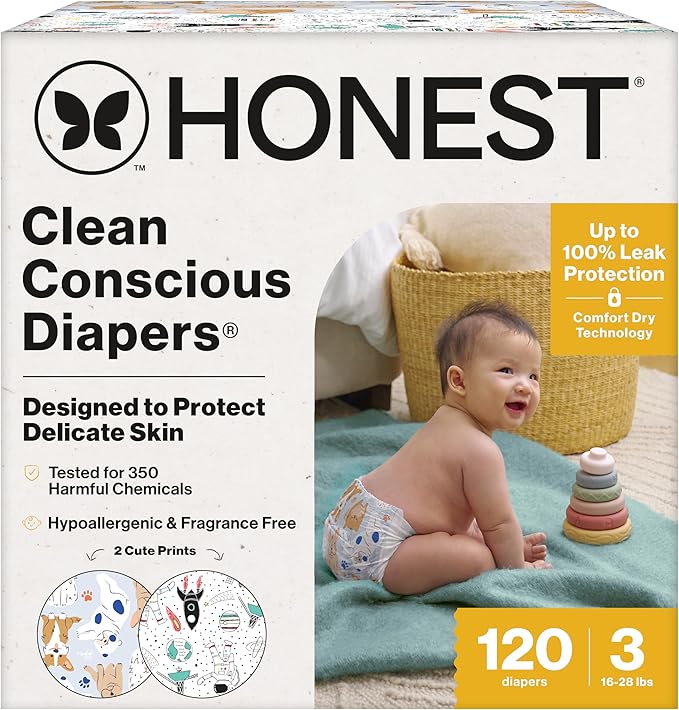 The Honest Company Comfort Dry Disposable Diapers for Sensitive Skin, Hypoallergenic, Space Travel + It's a Pawty, Super Club Box Size 3, (16–28 lbs), 120 Count