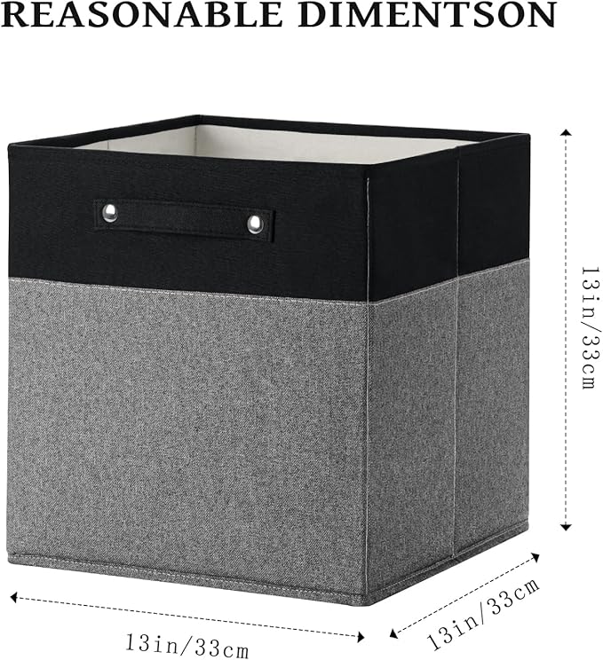 13 x 13 Inch Fine Linen Storage Bins with Handles，Fabric Cube Boxs，Basket Organizers for Shelves for Home, Closet Drawers (Black/Gray-4 Pack)
