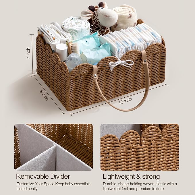 HBlife Baby Diaper Caddy Organizer, Portable Scalloped Plastic Wicker Woven Basket with Divider, Nursery Diaper Station, Baby Shower Gifts Basket, Car Organizer, Washable Waterproof