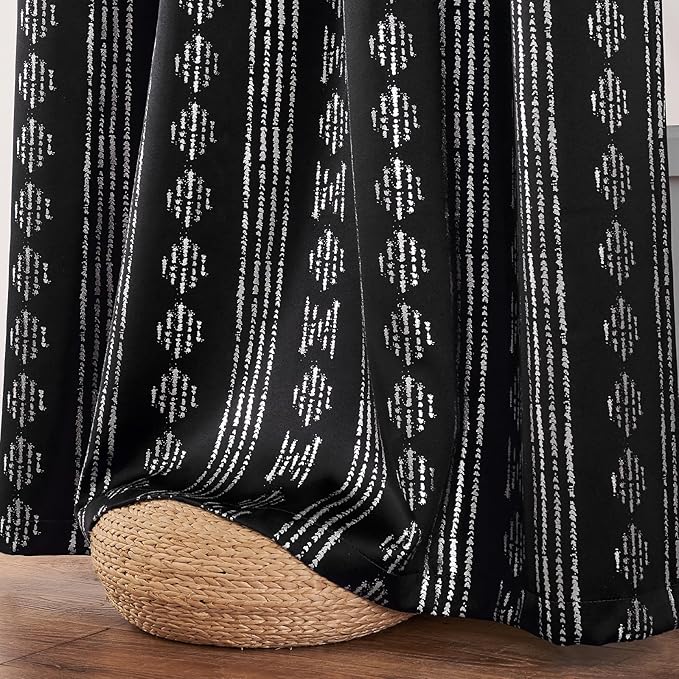 jinchan 95% Blackout Boho Curtains 63 Inches Long for Bedroom Living Room Silver Geometric Foil Printed Black Curtain Grommet Top Room Darkening Drapes Off White 52 x 63 2 Panels