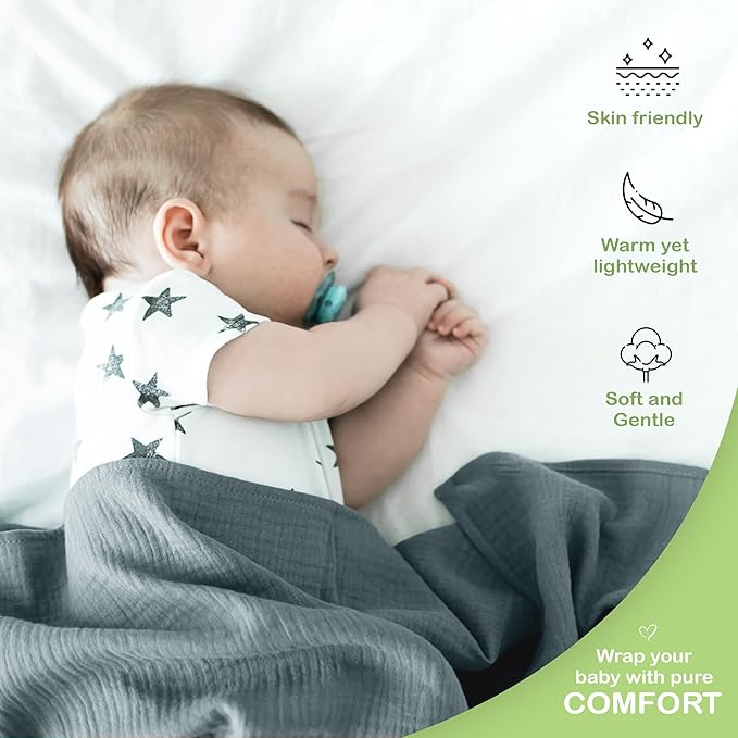 100% Organic Cotton Muslin Baby Blanket - 47 x 47 Inch Breathable Muslin Swaddle Blanket, Hypoallergenic Double-Layer, Soft and Cozy Blankets for Sleeping & Everyday Use (Slate/Aquarius)