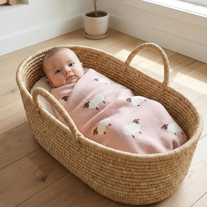 Luxury Knit Baby Receiving Blanket - 100% Cotton Soft Cozy Lightweight Receiving Swaddler Blanket for Shower Gift Registry for Newborns Infants Toddlers (Sheep - Light Pink)