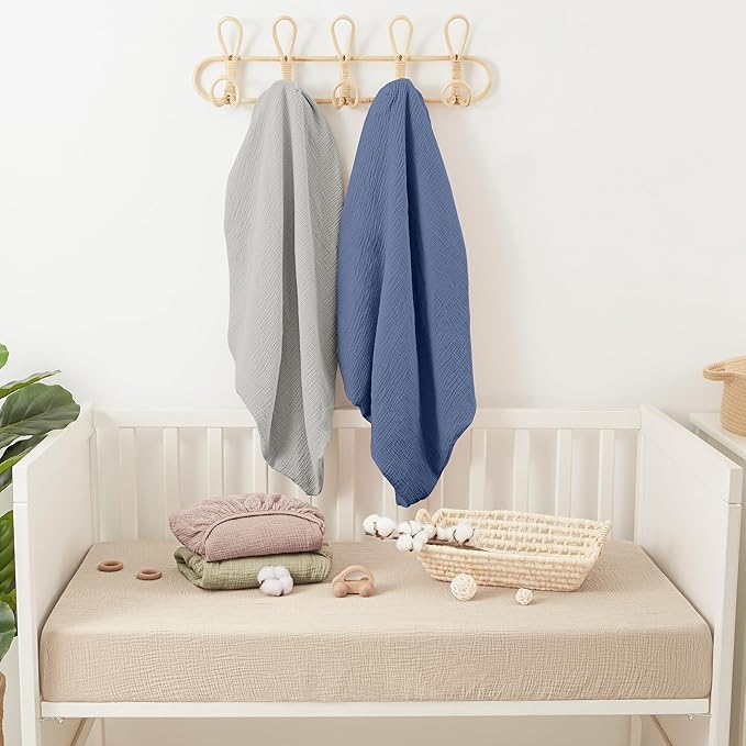 Bearmoss Muslin Mini Crib Sheets for Pack N Play Mattress - 100% Cotton - 38"x26" Soft Breathable Playard Baby Crib Sheets Neutral for Boys Girls - 2 Pack (Blue Elephant)