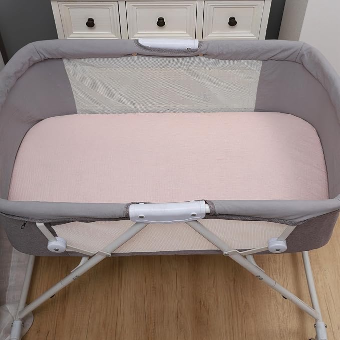 Onacosht Muslin Bassinet Sheets 3 Pack, 100% Cotton Baby Fitted Sheet 33" X 17" for Standard Rectangle Round Oval and Hourglass Bassinet Mattress, Pink and Feather