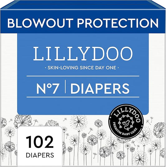 LILLYDOO Baby Diapers - Size 7 (33+ lbs), Monthly Supply (102 Count), Leak Protection, Skin-Friendly, Ultrasoft, Perfume- & Chlorine-Free, Hypoallergenic, Dermatologist Tested, Oeko-TEX®