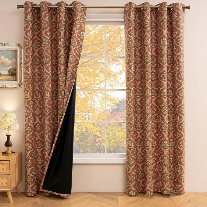 ColorBird Floral Blackout Long Curtains for Slding Door Burnt Orange Thermal Curtains for Winter Insulated 96 Inches Long Patterned Farmhouse Vintage Drapes for Bedroom Living Room