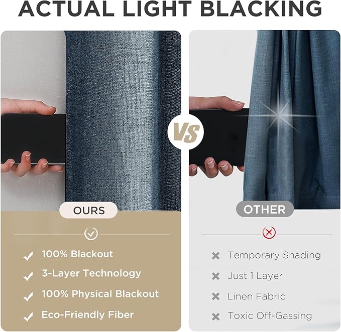 Joydeco Denim Blue Blackout Curtains 90 Inch Long 2 Panels Set, Faux Textured Linen Thermal Insulated Burlap Curtain & Drapes, Grommet Room Darkening Drapes for Bedroom Living Room
