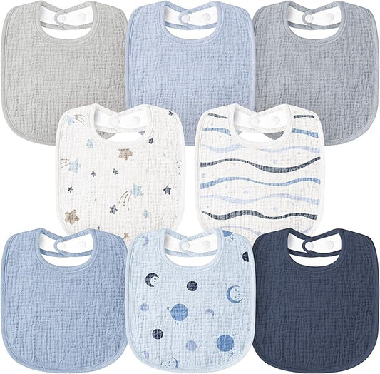 Susurration Muslin Baby Bibs 8 Pack Bandana Drool Bibs, Soft Square Adjustable Baby Drooling Bibs for Unisex Girls & Boys