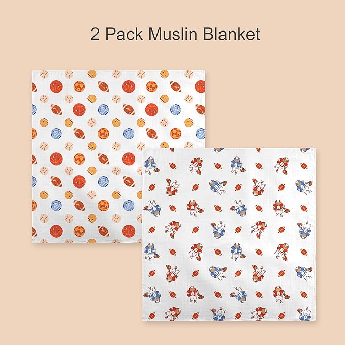 70% Rayon Made from Bamboo 30% Cotton Muslin Swaddle Blanket, 47 x 47 Inches, Sports Theme Baby Receiving Blanket, Soft and Breathable, Unisex, 2 Pack