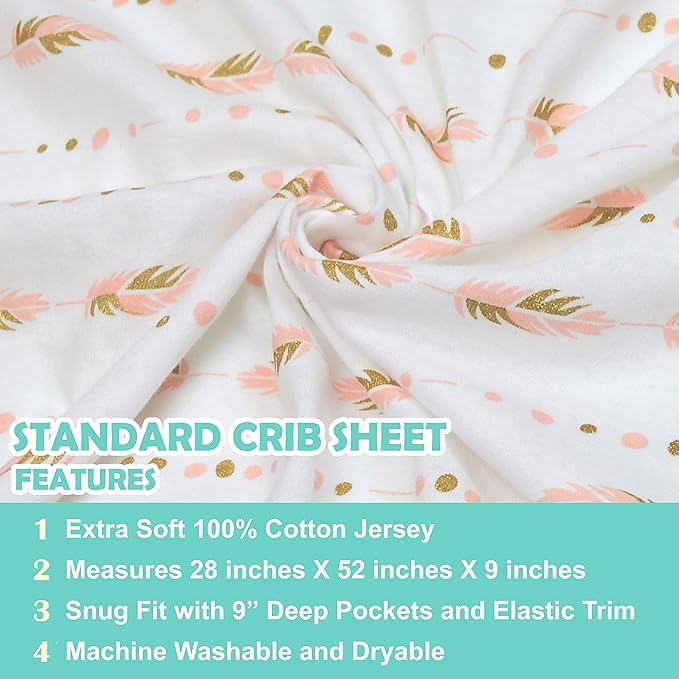 American Baby Company 2 Pack Fitted Crib Sheets 28" x 52", Soft Breathable Neutral 100% Cotton Jersey Sheet, Sparkle Gold/Pink Feathers/Arrows, for Boys and Girls, Fits Crib and Toddler Bed mattresses