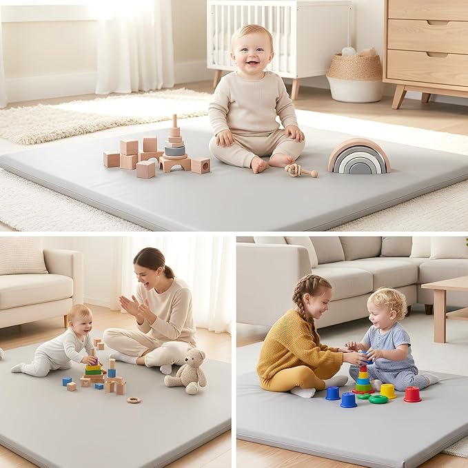 Thick Baby Play Mat – 50x50x1 Rollable Foam Floor Mat for Kids, Tummy Time, Crawling & Safe Indoor Play – Waterproof, Non-Toxic & Easy to Clean – Grey