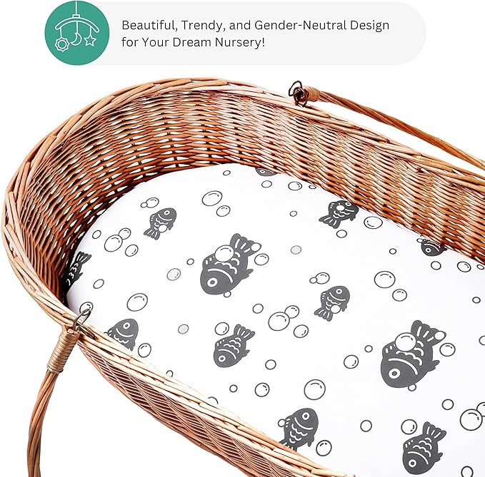Bassinet Sheets for Baby Delight Snuggle Nest, Beside Me Doze, Snoo Smart, Fisher Price by TansyPanda, 3PC, 32 x 17 Inch, Ultra Soft, Breathable, Snug Fit, Unisex Boys, Girls (Ocean Fish)