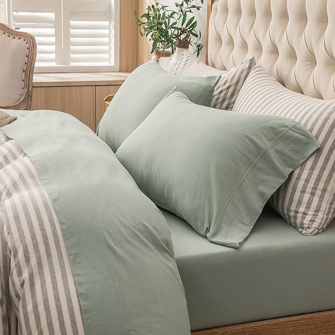PURE ERA Jersey Knit 4pc Bed Sheet Set 100% T-Shirt Cotton Super Soft Comfy Breathable Fits Mattress Up to 15" Extra Deep Pocket (Solid Sage Green, Twin)