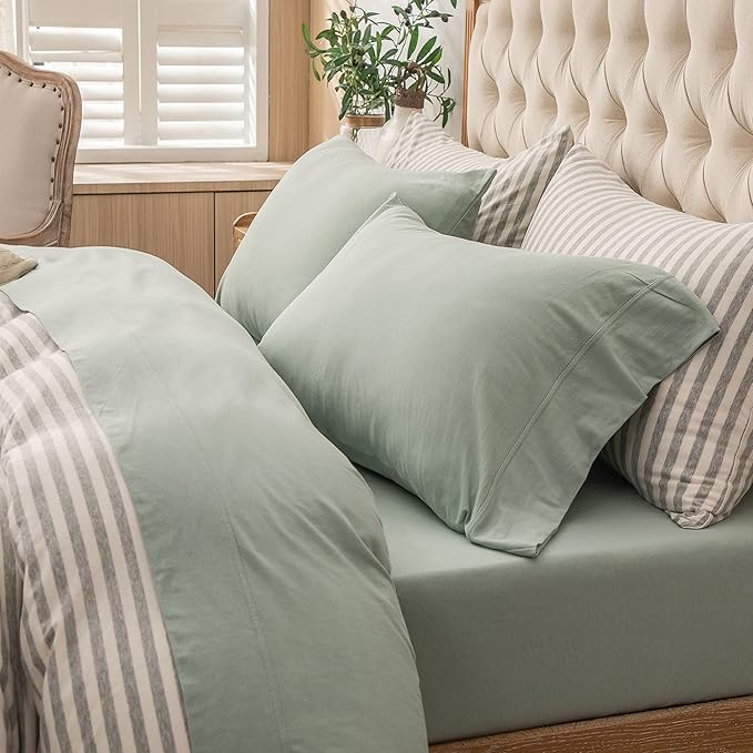 PURE ERA Jersey Knit 4pc Bed Sheet Set 100% T-Shirt Cotton Super Soft Comfy Breathable Fits Mattress Up to 20" Extra Deep Pocket (Solid Sage Green, Cal King)