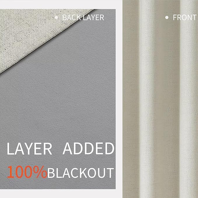 Joydeco Light Beige Black Out Curtains 63 Inch Long 2 Panels Set for Bedroom, 100% Blackout for Living Room, Faux Linen Short Small Textured Grommet Drapes