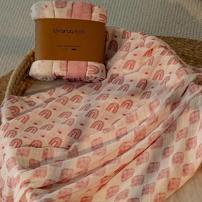 Muslin Swaddle Blankets for Newborn, 4 Pack Cotton Baby Blanket, Large 31.5 x 43.3 Breathable Soft Receiving Blankets Girl, Essentials Swaddle Wrap Burping Clothes, Pink Rainbow