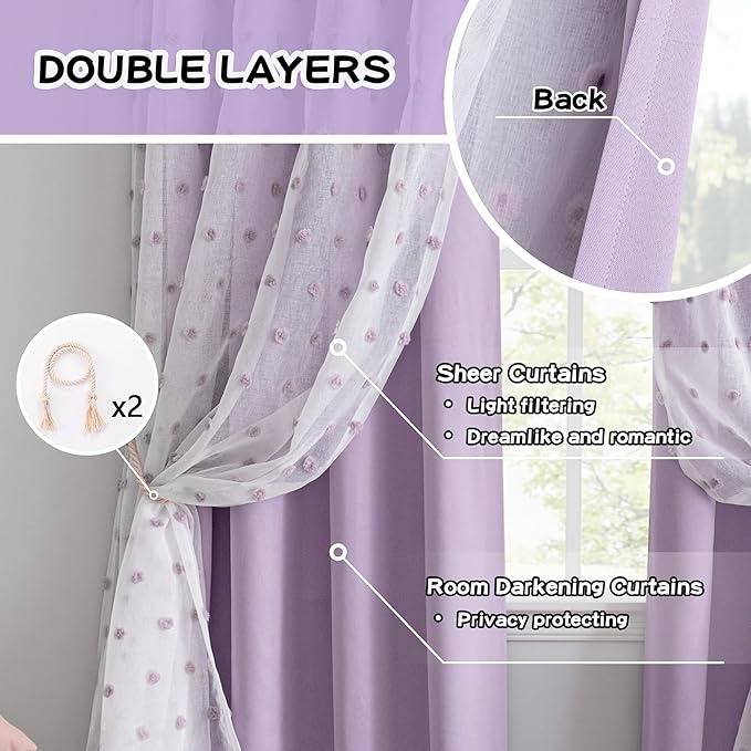 MYSKY HOME Lilac Curtains for Girls Bedroom Pom Pom Sheer Curtain 63 Inches Length Thermal Insulated Nursery Blackout Curtains Room Darkening Short Kitchen Drapes Grommet, 52 x 63 in, 2 Panels