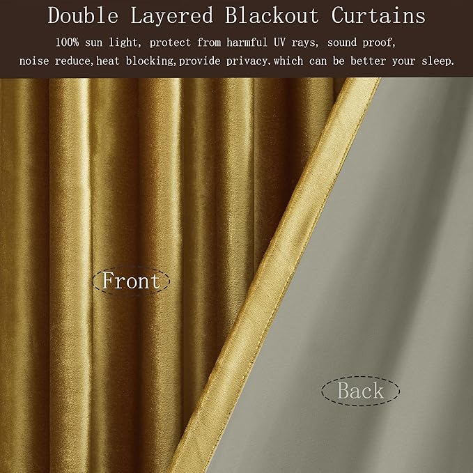 PRIMROSE Full Blackout Golden Velvet Curtains 102 inch Long for Living Room,2 Panels Liner Rod Pocket Back Tab Thermal Window Curtains Room Darkening Heavy Decorative Curtain Drapes for Bedroom