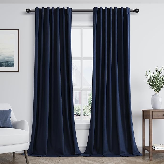 Guken Navy Blue 100% Blackout Curtains 90 Inch Length 2 Panels Set for Living Room Bedroom Back Tab Thermal Insulated Black Out Linen Drapes Room Darkening Window Curtains 90 Inches Long