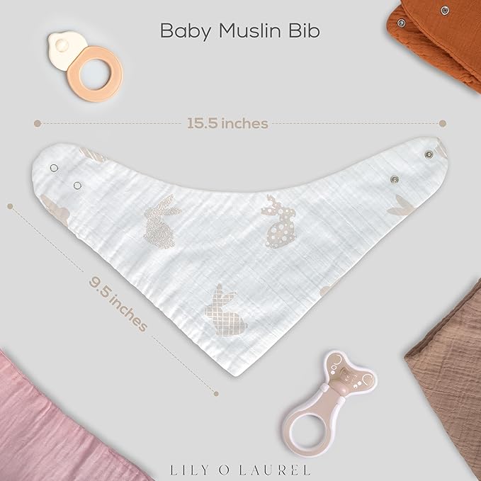 LILY O LAUREL Muslin Baby bibs for drooling and teething, 100% cotton, Bibs for baby girl, Muslin bibs for boys (8 Pack)