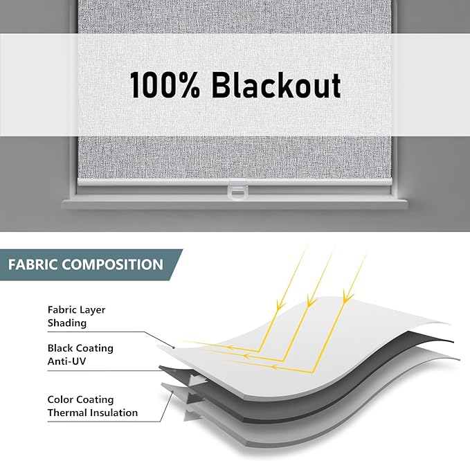 Cordless Roller Shades Blackout Blinds for Windows Room Darkening Rolled Up Shades with Spring System, UV Protection Natural Linen Fabric Window Shades Door Blinds for Home,47" W x 72" H, Heather Grey